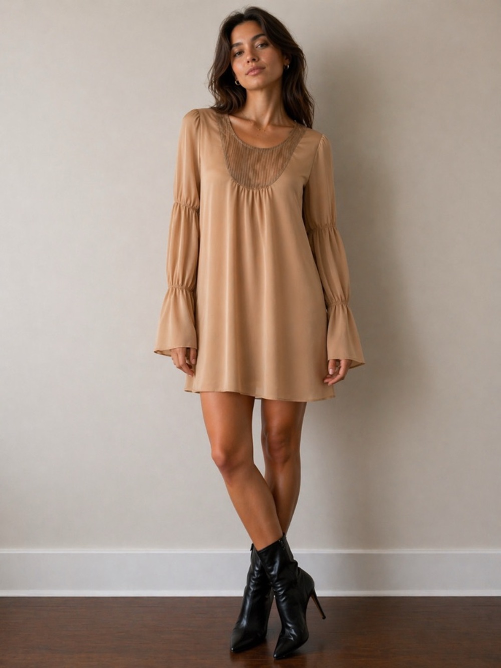 Silk Long-Sleeve Swing Dress in Camel